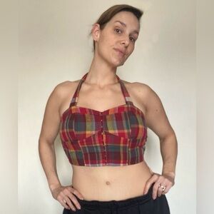 American Eagle Top Plaid Halter Crop Large Festival Stretch Corset